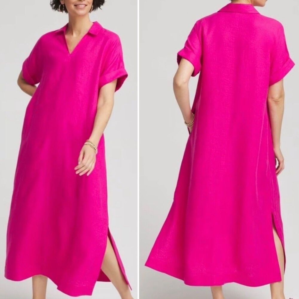Chicos Linen Popover Kaftan Dress Pink 100% Linen A Line Pockets Midi 1 / M